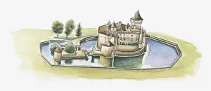 Moat Prints: Illustration of Chateau de la Brede, La Brede, Gironde, France