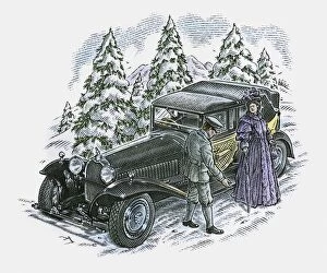 Illustration of chauffeur and passenger next to Rolls Royce stranded on icy road
