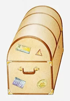 Illustration of chest with travel stickers on end