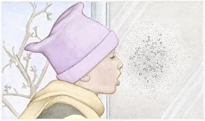 Images Dated 5th November 2008: Illustration of child exhaling hot breath on cold window causing condensation