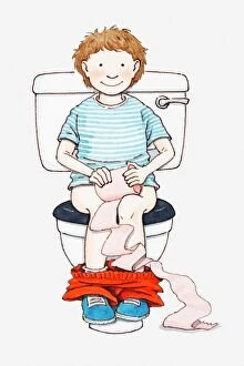 Pen And Ink Gallery: Illustration of child sitting on toilet holding roll of toilet paper