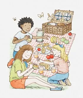 Illustration of three children having a picnic