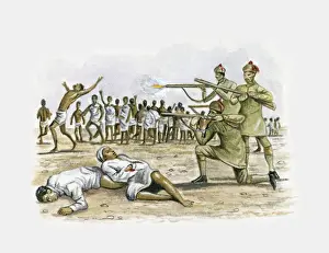 Traditionally Chinese Prints: Illustration of Chinese soldiers shooting unarmed people during rebellion