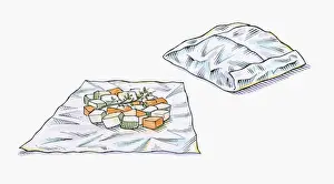 Parcel Prints: Illustration of chopped vegetables on foil and vegetables wrapped in foil parcel