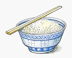 Illustration of chopsticks on top of bowl of rice
