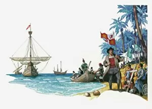 Mature Adult Gallery: Illustration of Christopher Columbus with boats Santa Maria, Pinta