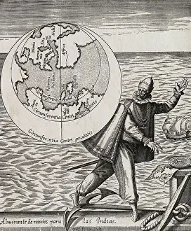 Illustration of Christopher Columbus with Globe and the Sea