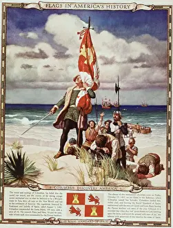 15th Century Prints: Illustration of Christopher Columbus and His Men Arriving on the Shores of America