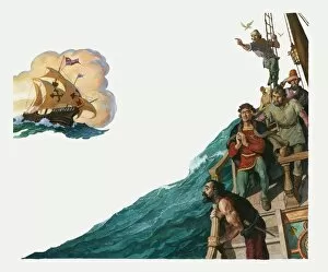 Christopher Columbus (1451-1506) Gallery: Illustration of Christopher Columbus in the Santa Maria ship and his crew looking for land