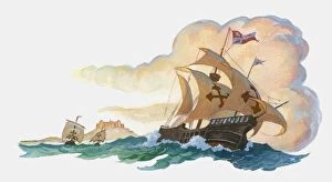 Images Dated 12th March 2010: Illustration of Christopher Columbus ship Santa Maria at sea