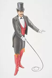 Illustration, circus ring master wearing white gloves, top hat, red waistcoat under black jacket