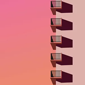 Artistic and Creative Abstract Architecture Art Gallery: Illustration of city building with balconies and sunset gradient sky