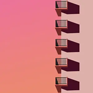 Illustration of city building with balconies and sunset gradient sky