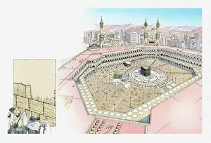 Jerusalem Gallery: Illustration of the city of Mecca in Saudi Arabia and the Wailing Wall in the Old City of Jerusalem