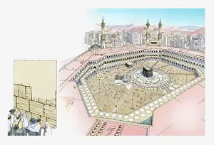 Jerusalem Prints: Illustration of the city of Mecca in Saudi Arabia and the Wailing Wall in the Old City of Jerusalem