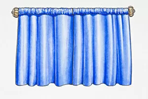 Illustration of closed blue curtains on curtain rail