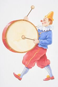 Illustration, clown banging large round drum while walking