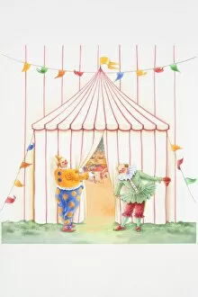 Illustration, two clowns holding back curtain in entrance to circus tent with inviting gestures