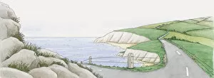 Illustration of coastal road above white cliffs