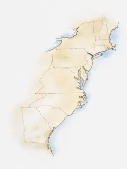 Us State Border Prints: Illustration of coastline and borders from Maine to Georgia