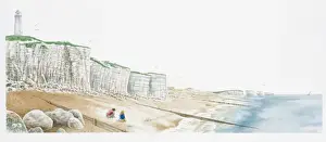 Illustration of coastline with lighthouse atop white cliffs, sea, and people sitting on beach below