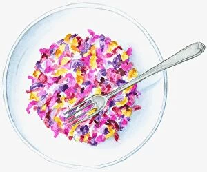 Illustration of colourful mashed petals in white bowl with fork on top