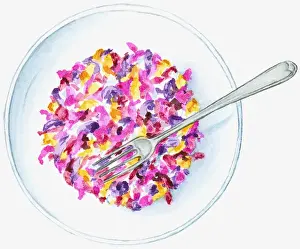 Fork Prints: Illustration of colourful mashed petals in white bowl with fork on top