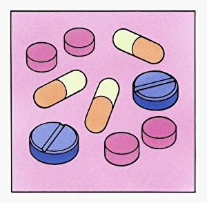 Medium Group Of Objects Gallery: Illustration of colourful pills and capsules