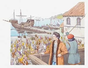 Christopher Columbus (1451-1506) Gallery: Illustration of Columbus returning to Spain in 1493, greeted by cheering crowds