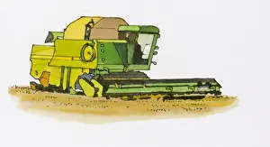 Illustration of combine harvester harvesting grain crop