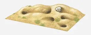 Burrow Prints: Illustration of Common Wombat (Vombatus ursinus) above burrows