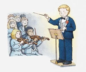 Illustration of conductor and part of an orchestra with violinists in the foreground
