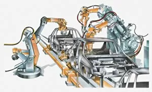 Illustration of conveyor belt and machinery in car factory