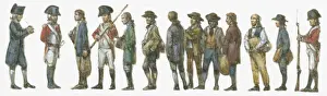 Prisoner Prints: Illustration of convicts standing in disembarking line at Sydney Cove guarded by British army Redcoats