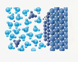 Brass Prints: Illustration of copper ion reduced to copper atoms by electrons on battery