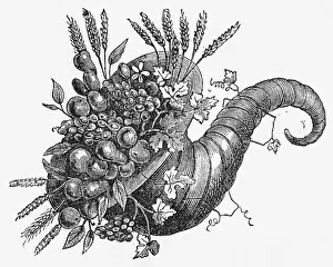 Thanksgiving Prints: Illustration of Cornucopia Overflowing with Fruits