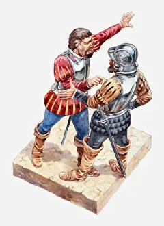 Armored Prints: Illustration of Cortes and his captain Pedro de Alvarado during a confrontation