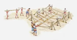 Hull Prints: Illustration of Cortes watching craftsmen constructing hull of ship and Aztec slaves carrying wood