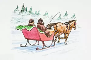 Illustration of couple in horsedrawn sledge in snow