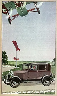 Progress Prints: Illustration of Couple Riding in Car Underneath Airplane