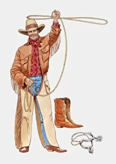 Images Dated 30th July 2009: Illustration of cowboy with lasso, spurs and boots