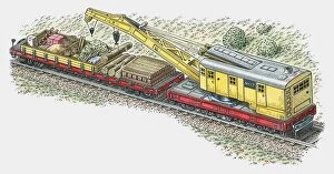Freight Train Gallery: Illustration of crane lifting logs from cargo train