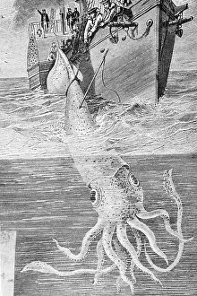 Illustration of the Crew of the Alecton Attempting to Catch a Giant Squid