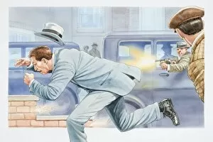 Illustration, crime scene, man in street being fired at with shotgun from car window, both men in suits and fedora hats