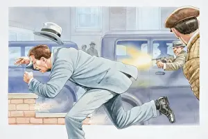 Crime Prints: Illustration, crime scene, man in street being fired at with shotgun from car window