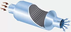 Illustration, cross-section diagram of catalytic converter with arrows indicating the direction of emissions flow