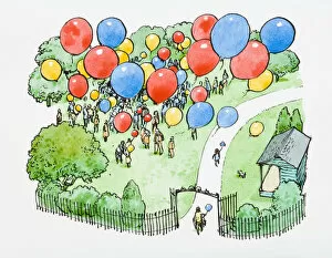 Images Dated 6th March 2008: Illustration of crowd standing park releasing multi coloured balloons into the air