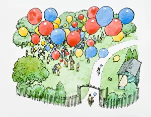 Releasing Prints: Illustration of crowd standing park releasing multi coloured balloons into the air