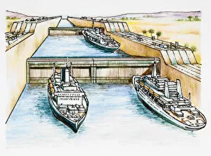 Images Dated 17th January 2008: Illustration of cruise ships in row of canal locks