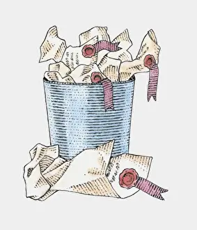 Parchment Prints: Illustration of crumpled parchment with seals in and next to wastepaper bin